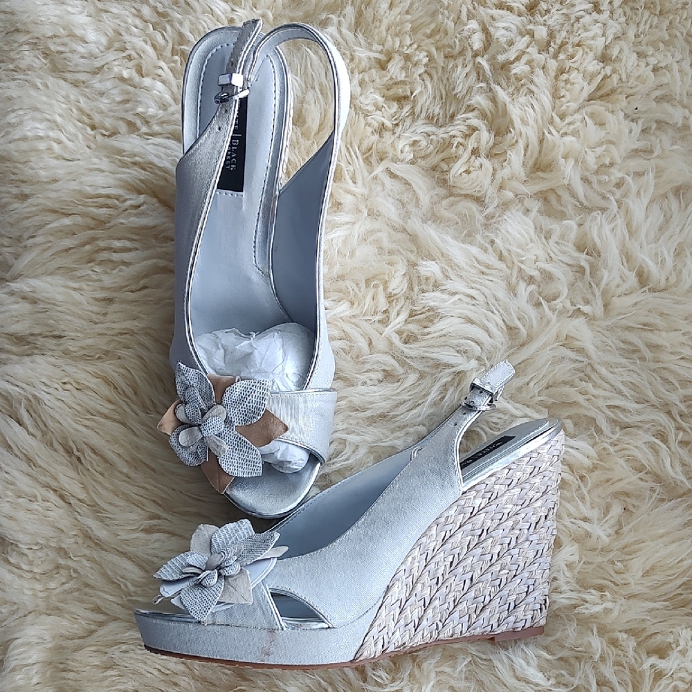 White House Black Market Silver Floral Wedges
